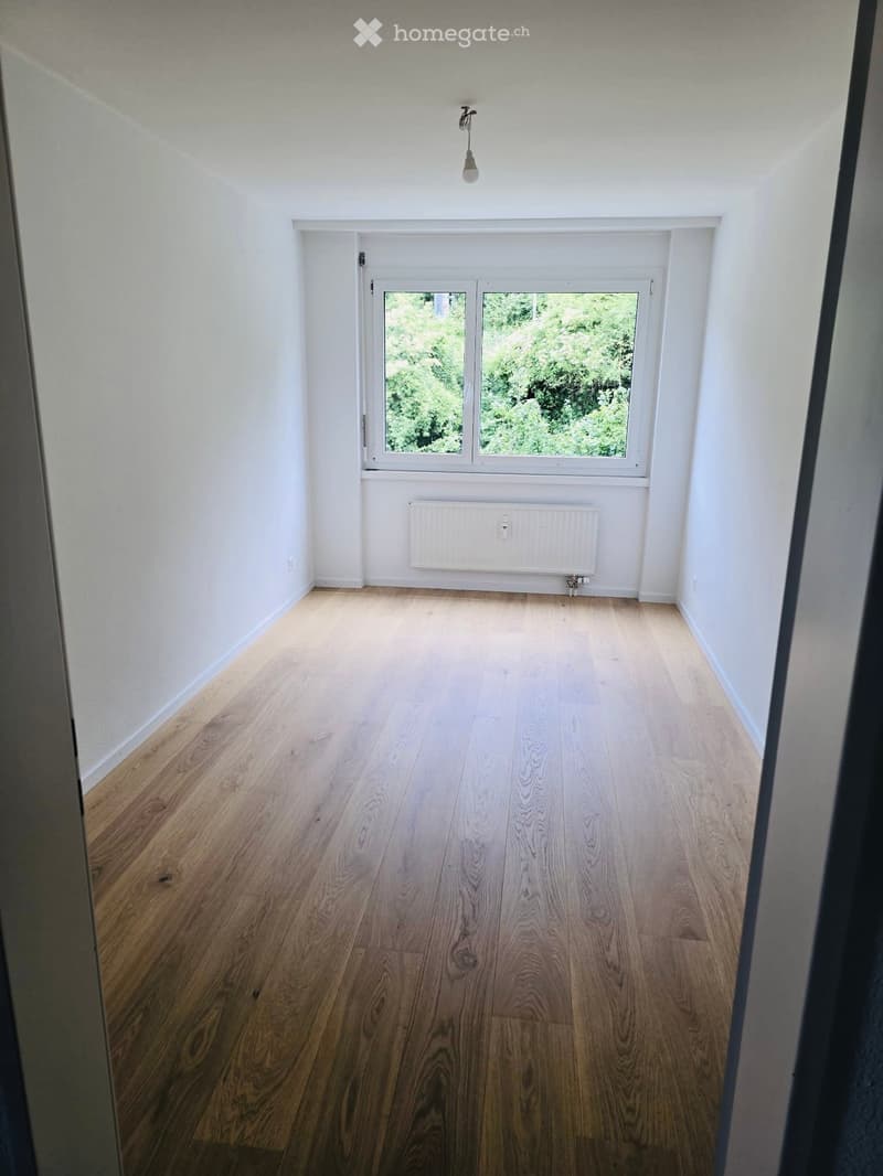 Empty room with light wooden flooring, white walls, a window with white frame, and a radiator below the window.