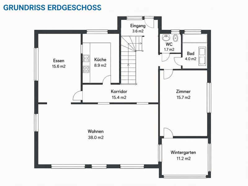 Ground floor layout showing entrance, kitchen, dining area, living room, hallway, bedroom, bathroom, WC, and winter garden.