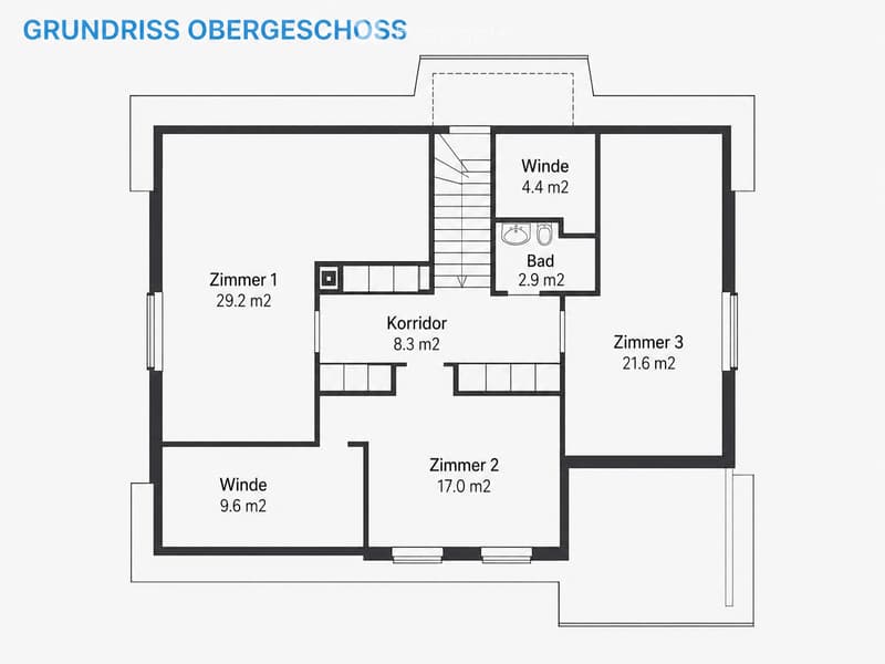 Floor plan of the upper floor showing three rooms, a bathroom, a hallway, and two balconies.