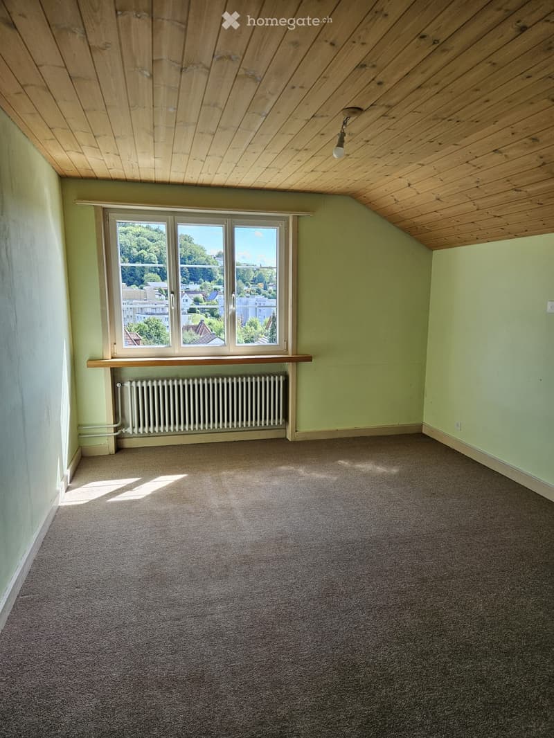 Empty room with light green walls, carpeted floor, large window with a view, radiator, and wooden shelf.
