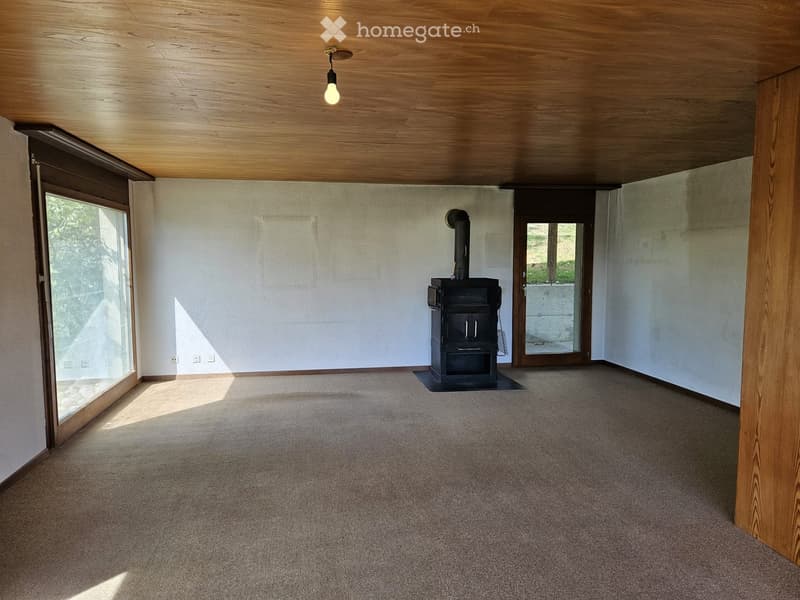 Empty room with wooden ceiling, carpeted floor, large window, and wood-burning stove.