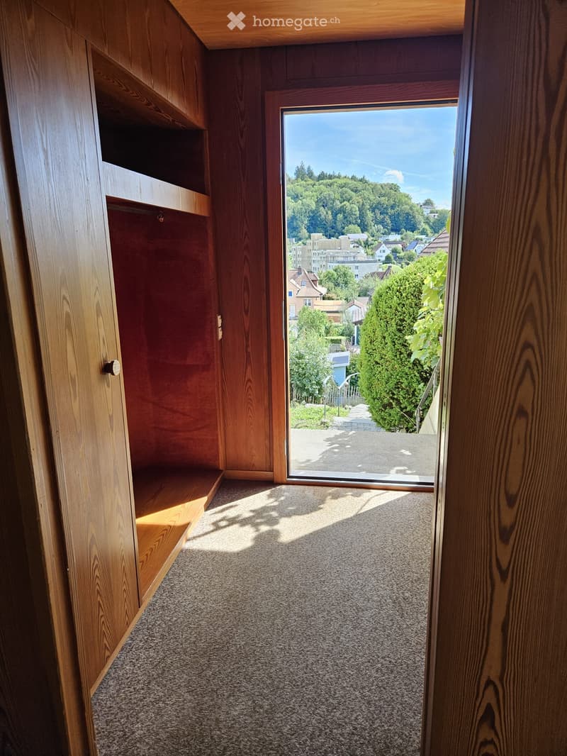 A narrow hallway with wooden walls and carpeted floor, leading to a large window offering a view of a residential area with trees and houses.
