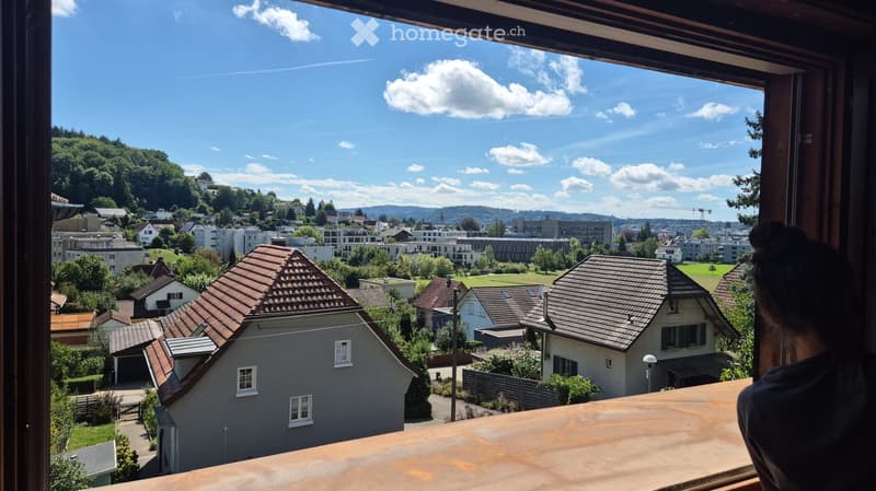 Balcony overlooking a suburban neighborhood with houses, trees, and distant mountains under a partly cloudy sky.