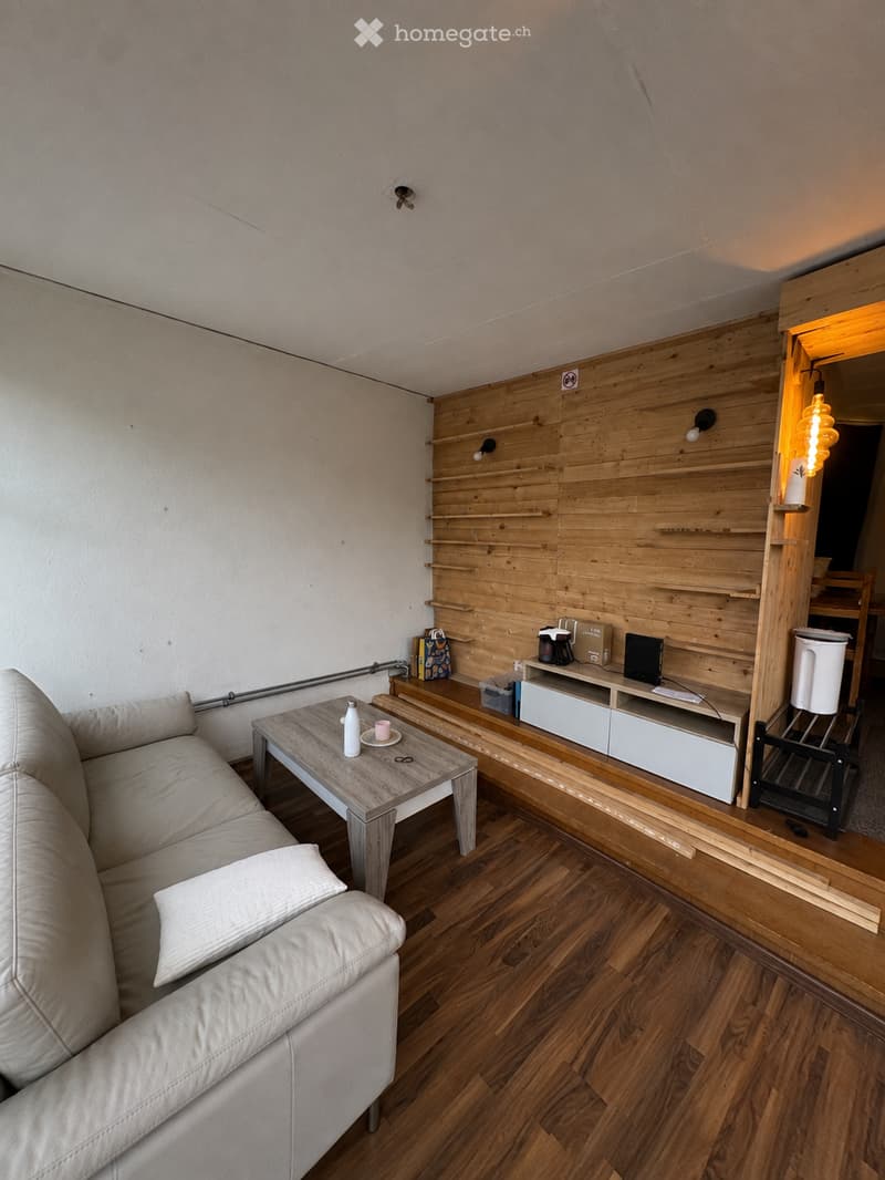 Modern living room with light wooden flooring, white walls, and a wooden accent wall. Features a white leather sofa, a wooden coffee table with a bottle and cup, a TV stand with a laptop, and built-in wooden shelves.