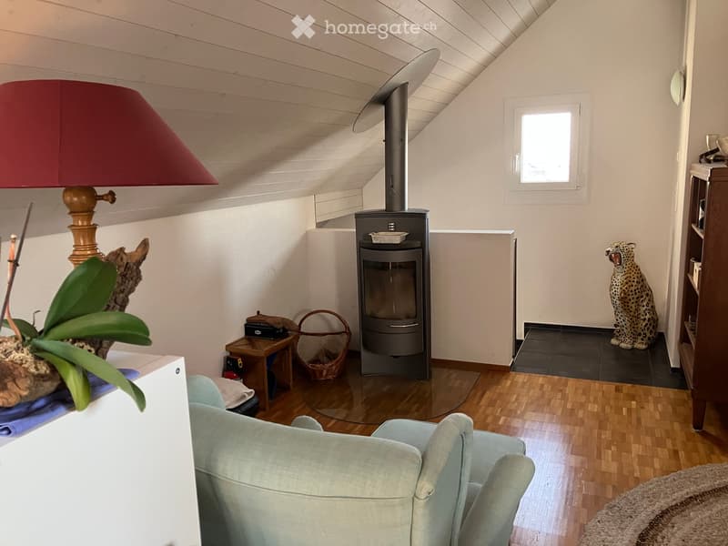 Furnished Room. Cozy living room with a fireplace, a light blue sofa, a table lamp with a red shade, a decorative plant, and a leopard statue on a shelf.