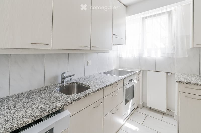 Modern kitchen with white cabinets, granite countertop, double sink, and built-in oven and dishwasher.