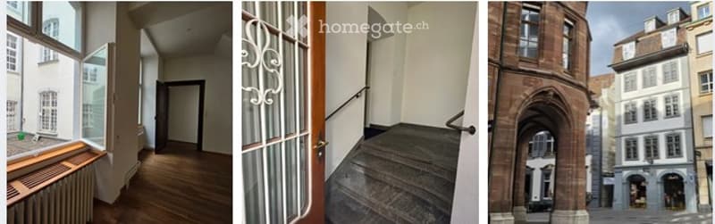 Three images showing a hallway with wooden flooring, a staircase with a metal railing, and an exterior view of a historic building with arched doorways and a cobblestone street.