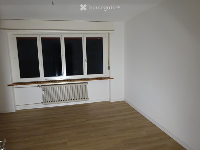 Empty room with wooden flooring, white walls, large window with multiple panes, radiator, and wooden shelf below the window.