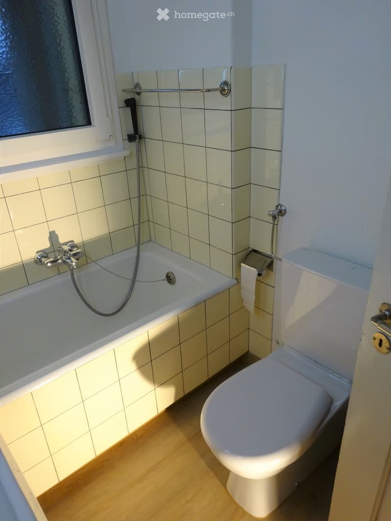 Modern bathroom with a bathtub, toilet, and tiled walls. Features a window with frosted glass and a grab bar for safety.