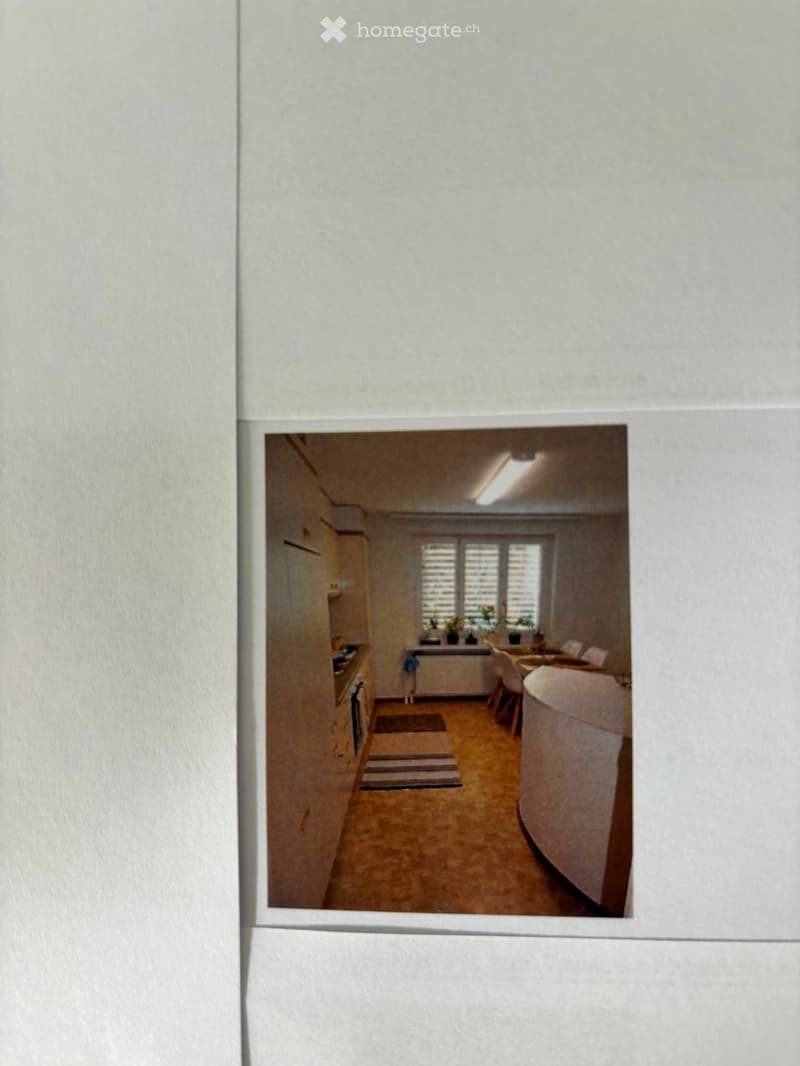 A furnished room with a sofa, table, chair, kitchen area with cabinets, oven, and refrigerator, and a rug on the floor.