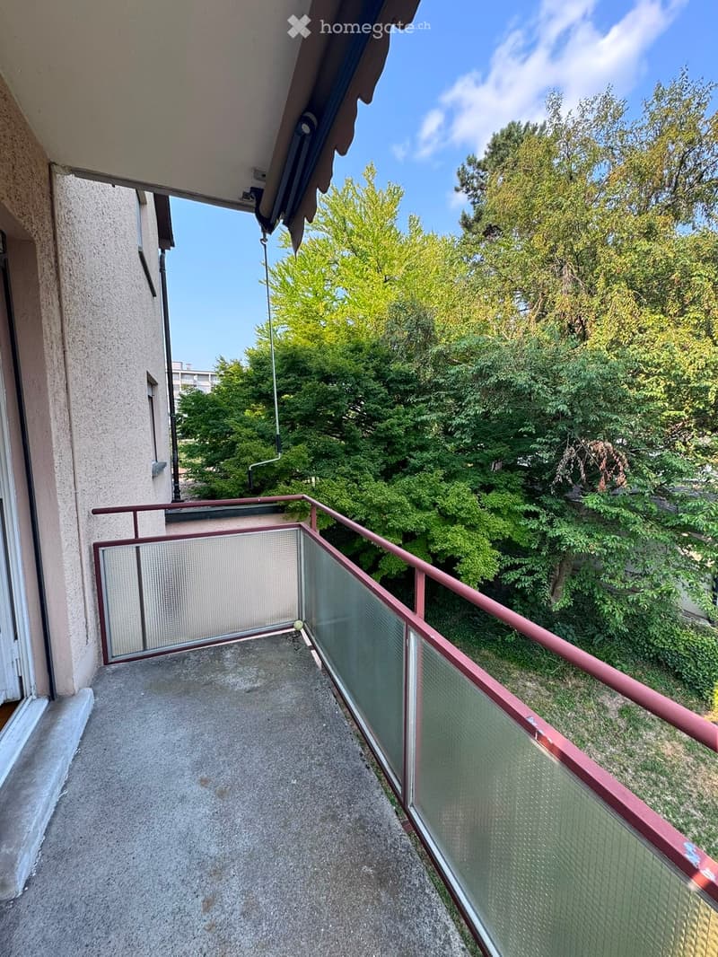 Balcony with glass railing, overlooking a green area with trees and a building in the background.