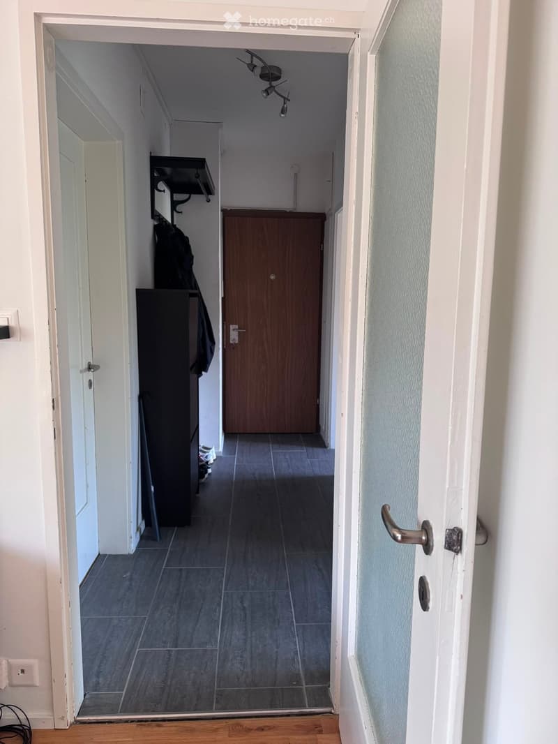 A narrow hallway with tiled floor, white walls, and a wooden door at the end. A coat rack with jackets and a small wooden cabinet are visible on the left side.