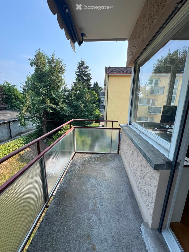 Balcony with a metal railing and glass panels, overlooking a green area with trees and neighboring buildings.