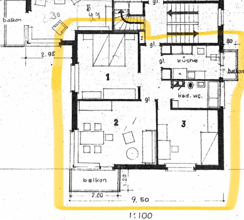 Floor plan showing a living room, kitchen, three bedrooms, two bathrooms, and two balconies.