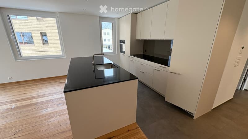 Modern kitchen with white cabinets, black countertop, and a stainless steel sink. The room features wooden flooring and large windows offering a view of the outside.
