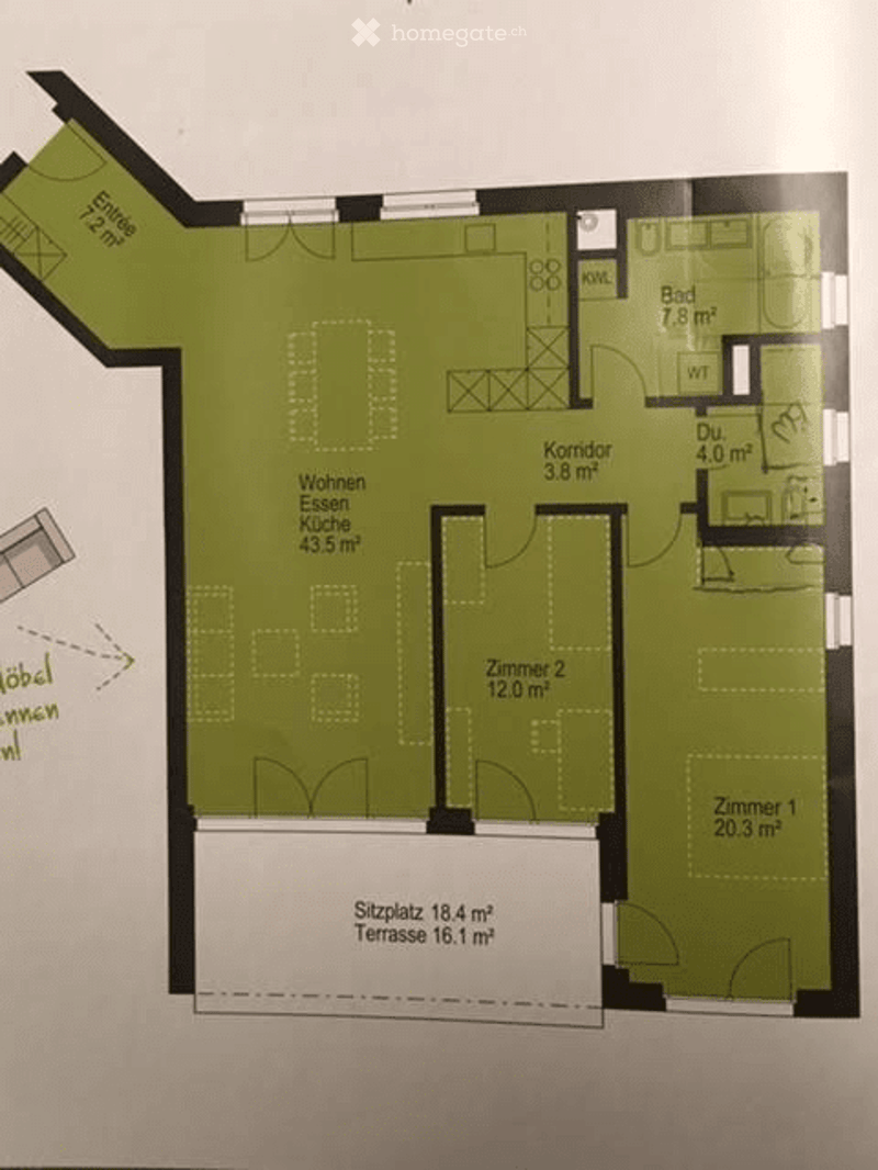 Floor plan of a 3-room apartment with living room, kitchen, 2 bedrooms, bathroom, and terrace.