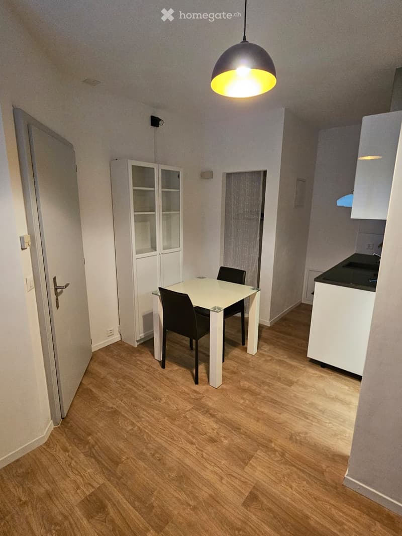 A modern, well-lit dining area with a white dining table, two black chairs, a white cabinet with glass doors, and a small kitchen counter with a sink.