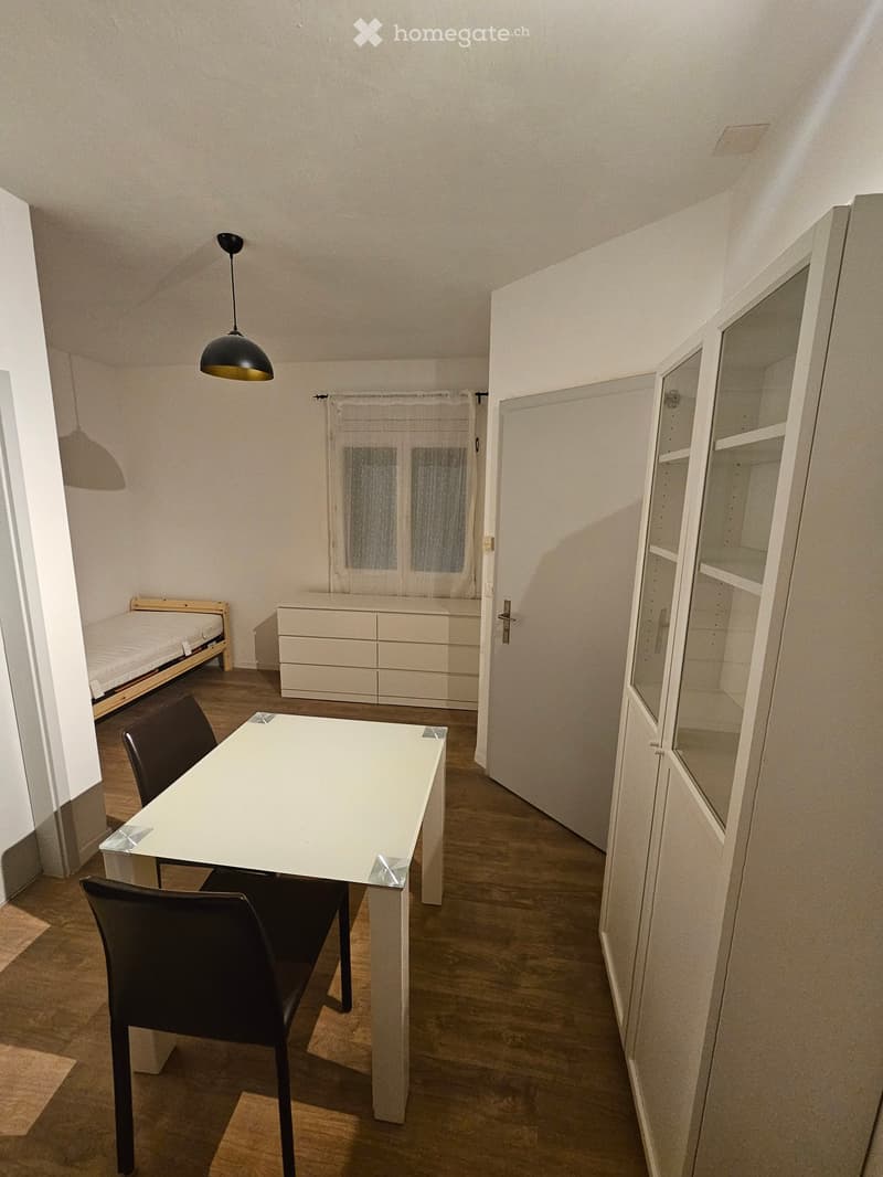 A furnished room with a white table, two black chairs, a bed, a white cabinet, and a hanging lamp.