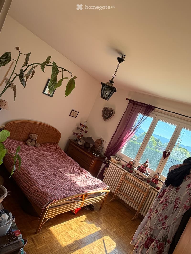 Cozy attic bedroom with wooden floors, slanted ceilings, and large windows offering a scenic view. Features a wicker bed with a red checkered blanket, a nightstand with a lamp, and decorative items including a plant and picture frames.