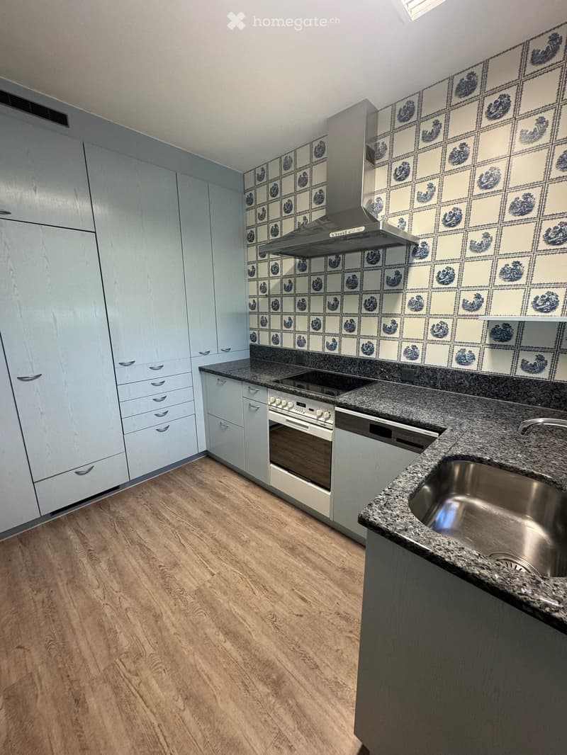 Modern kitchen with light grey cabinets, granite countertop, stainless steel sink, built-in oven, and dishwasher. The backsplash features a decorative tile pattern.