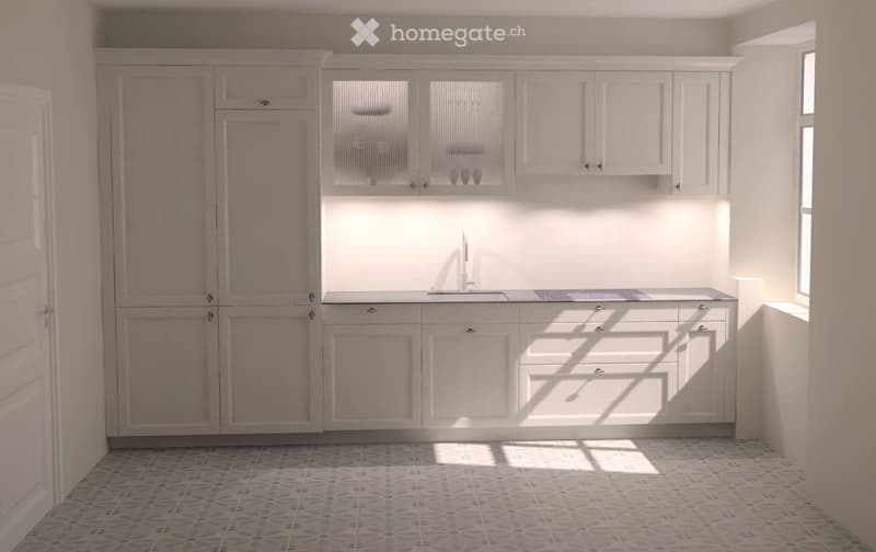 Modern kitchen with white cabinets, a sink, and a tiled floor. The cabinets feature both closed and open shelving, and the space is well-lit with natural light coming through a window.