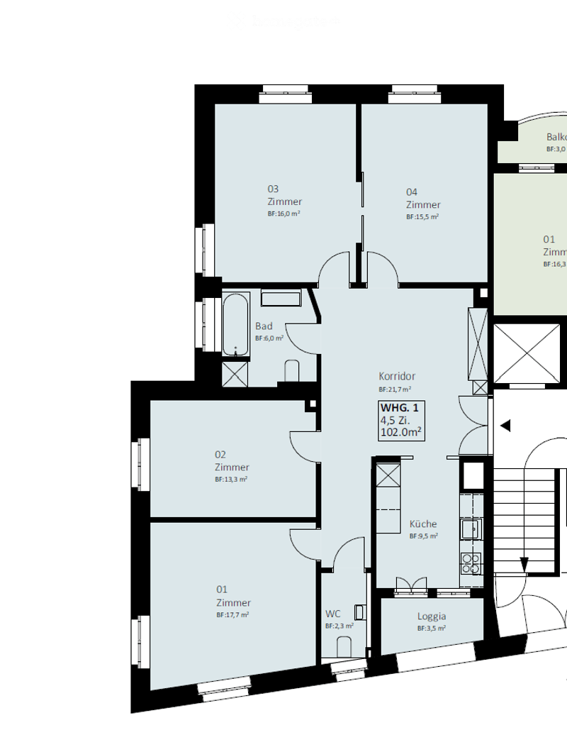 Floor plan of a 5-room apartment including living room, kitchen, 4 bedrooms, bathroom, WC, and balcony.
