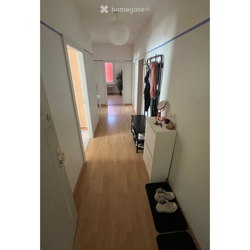 A well-lit hallway with wooden flooring, white walls, and a coat rack with hanging items. A small table with a mirror and decorative items sits near the coat rack, and a pair of shoes rests on a black mat.