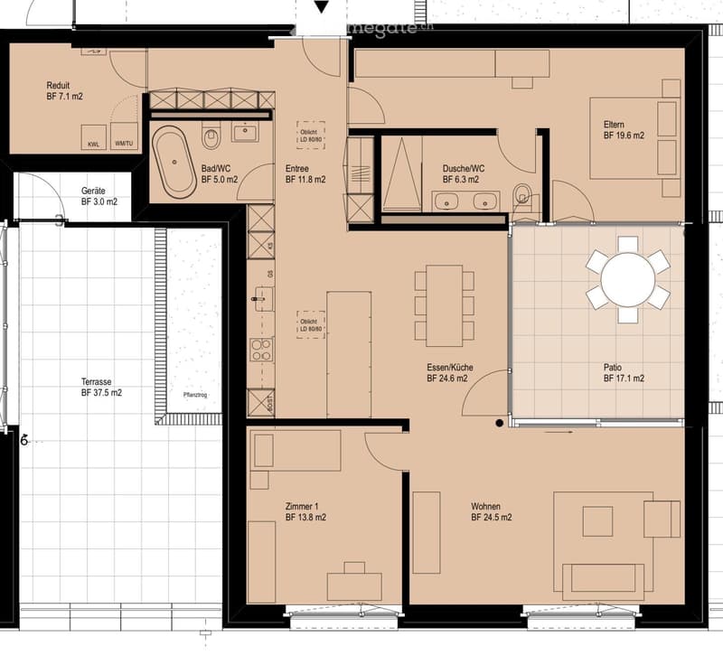 Floor plan of a 2-bedroom apartment with living room, dining area, kitchen, two bathrooms, and a terrace.