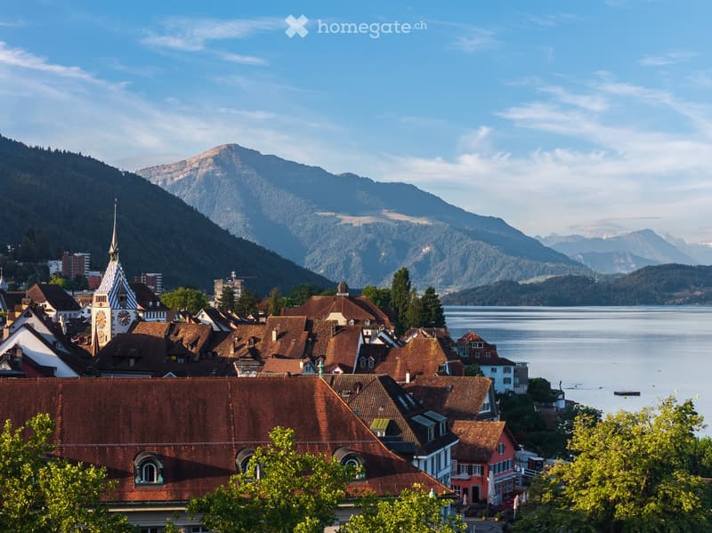 A picturesque town with traditional red-roofed houses, a prominent church tower, and a serene lake surrounded by lush green hills and distant mountains.