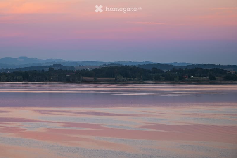 A serene landscape with a calm body of water reflecting the pink and purple hues of a sunset, surrounded by trees and distant hills.