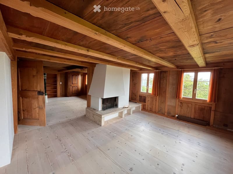 Spacious, unfurnished room with exposed wooden beams and plank flooring, featuring a central stone fireplace and large windows with curtains.