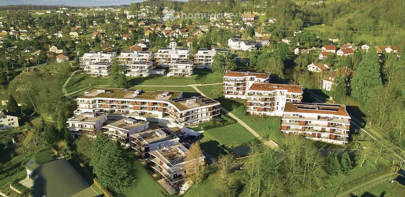 Aerial view of a residential area with multiple apartment buildings, surrounded by greenery and trees.