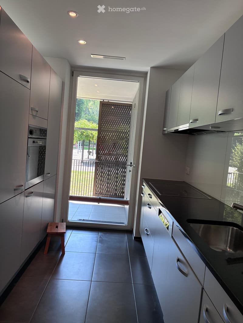 Modern kitchen with stainless steel appliances, dark countertops, and a view of the outdoor area through a large sliding door.