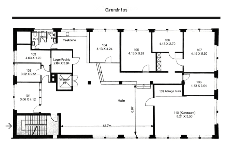 Floor plan showing a layout with multiple rooms including a kitchen, storage/archive, hallway, and several numbered rooms with dimensions.
