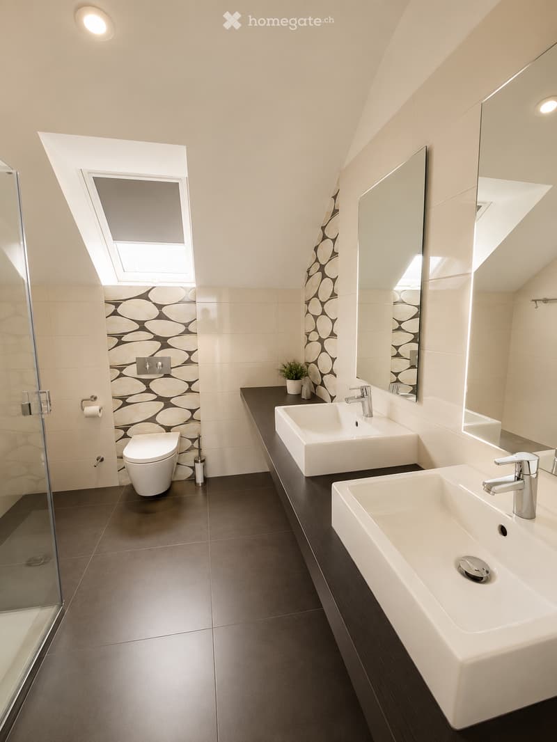 Modern bathroom with two white sinks, a large mirror, a toilet, and a small plant on the counter. The room features dark tiled flooring and a skylight window above the toilet.