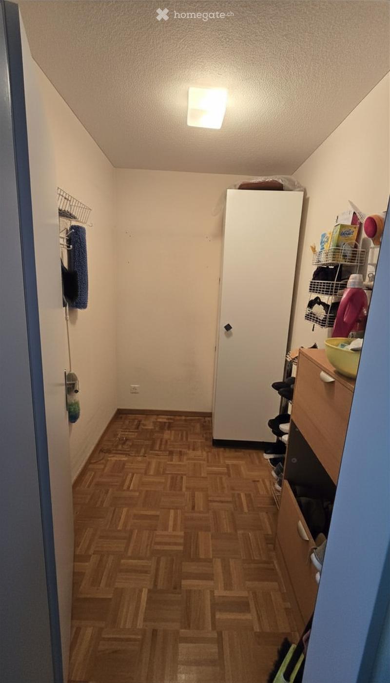 Narrow hallway with wooden flooring, white walls, and a closed door at the end. A small closet with a towel hanging on the left and a shelf with various items on the right.