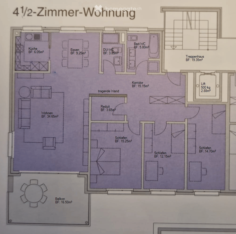 Floor plan of a 4.5-room apartment with living room, dining area, kitchen, two bedrooms, two bathrooms, hallway, staircase, and balcony.