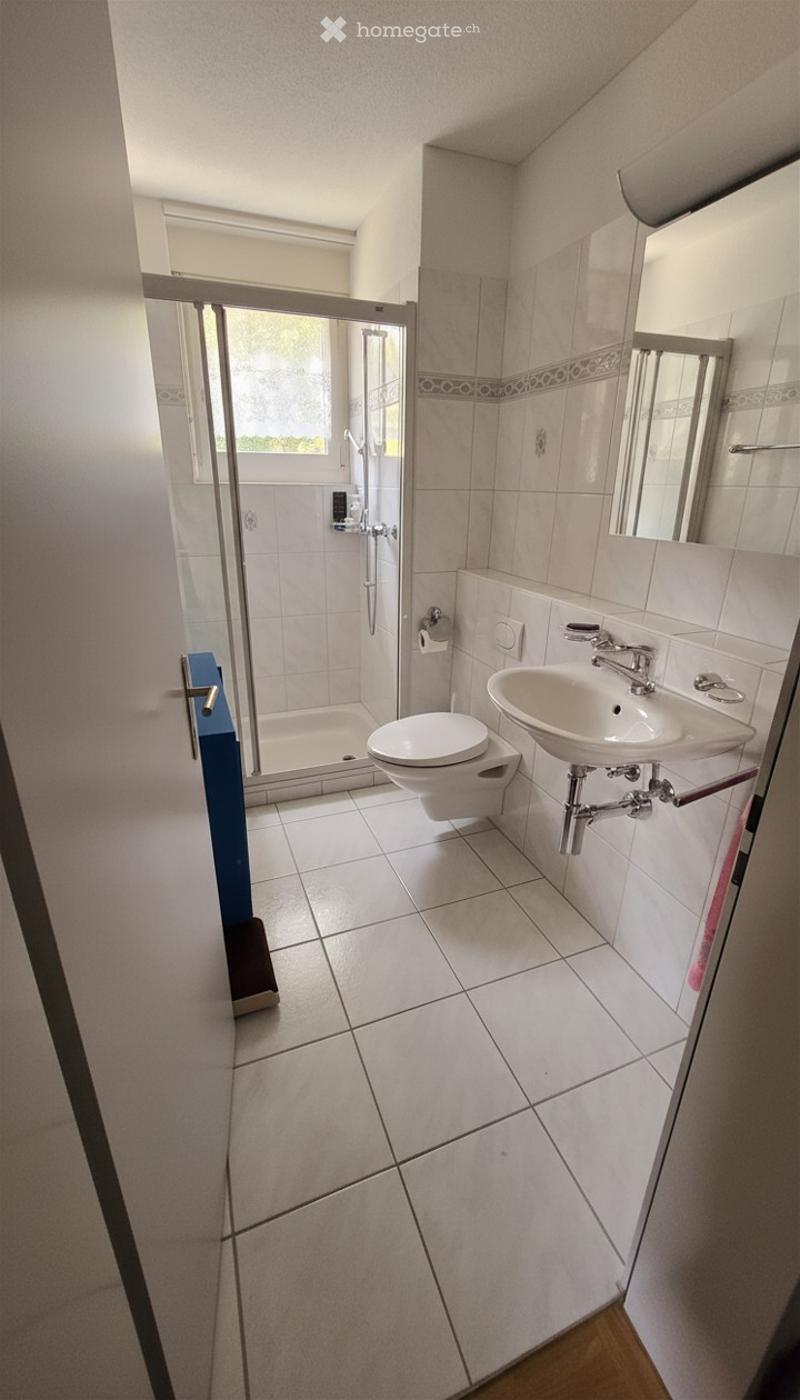 Modern bathroom with white tiled walls and floor, a toilet, a sink with a mirror, and a glass-enclosed shower area.