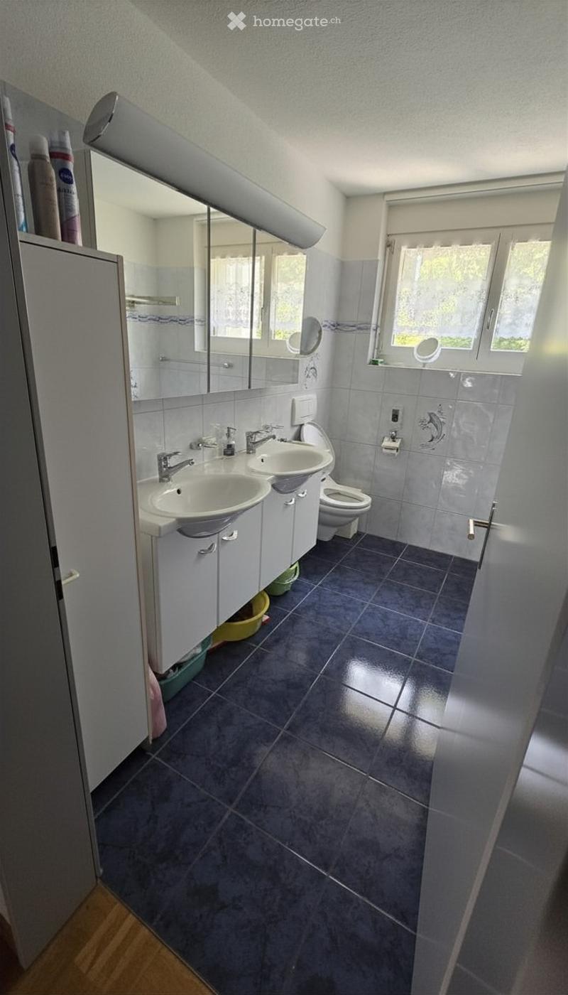 Bathroom with two sinks, a toilet, a large mirror, and a cabinet. The floor is dark blue tiles, and the walls are light blue with a decorative border.