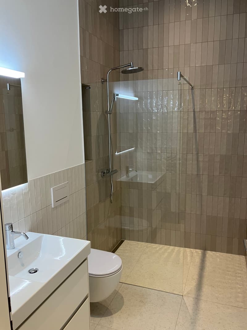 Modern bathroom with a white sink, toilet, and a glass-enclosed shower with a handheld showerhead and a fixed showerhead. Beige tiles on walls and floor.