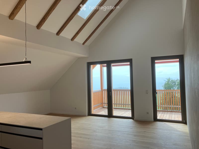 Bright, open attic space with wooden floors, exposed wooden beams, large skylights, and sliding glass doors leading to a wooden deck with a railing.
