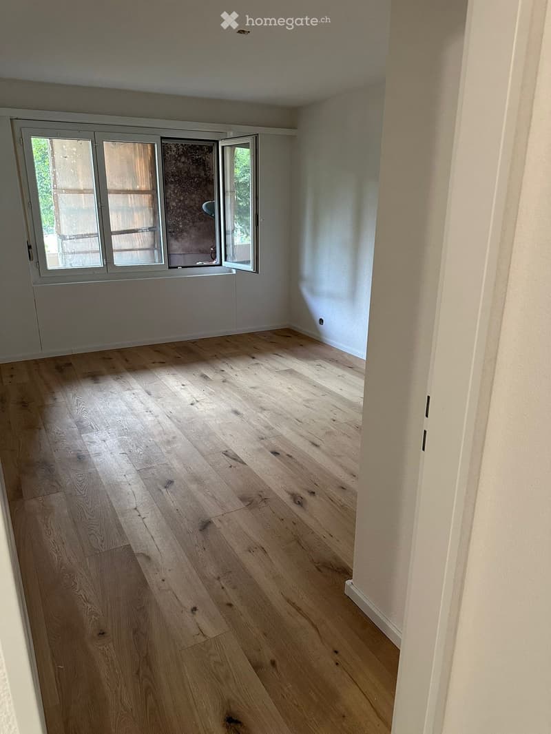 Empty room with light wooden flooring and white walls, featuring a large window with multiple panes and a partially open door leading outside.