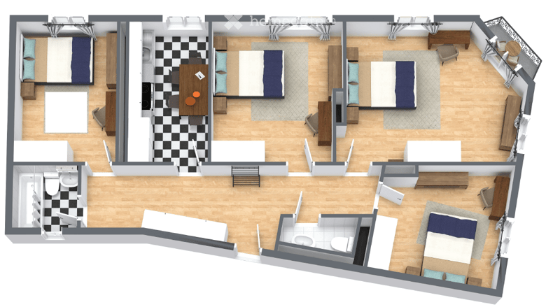 2 bedrooms, kitchen, dining room, living room, 2 bathrooms, washing machine, dishwasher, bathroom with tub, view