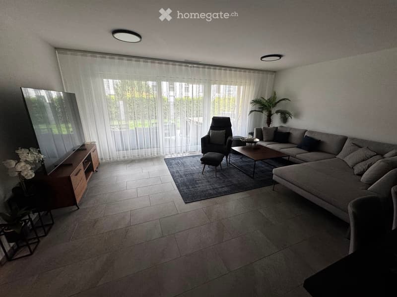 Modern living room with large windows, grey sectional sofa, coffee table, armchair, ottoman, TV stand, and decorative plant.