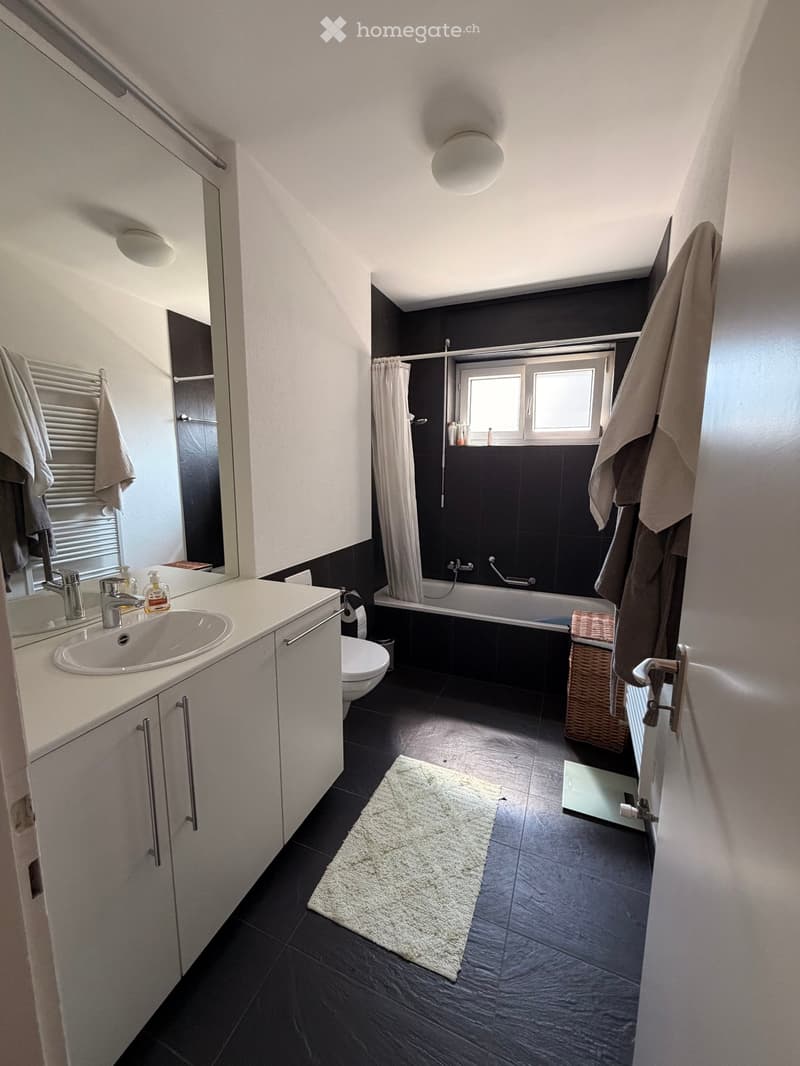 Modern bathroom with white cabinets, black tiles, a bathtub, a sink, a toilet, and a shower area with a curtain. Towels are hanging on the walls, and a small rug is placed on the floor.
