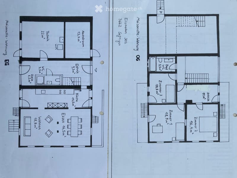 Floor plan of a two-story house with labeled rooms including living room, dining room, kitchen, bedrooms, bathrooms, and technical room.