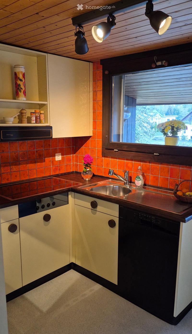 A cozy kitchen with light-colored cabinets, a stainless steel sink, a dishwasher, and a window with blinds. The backsplash is orange with floral tiles, and there are decorative items on the counter, including a flower vase and a basket of fruit.