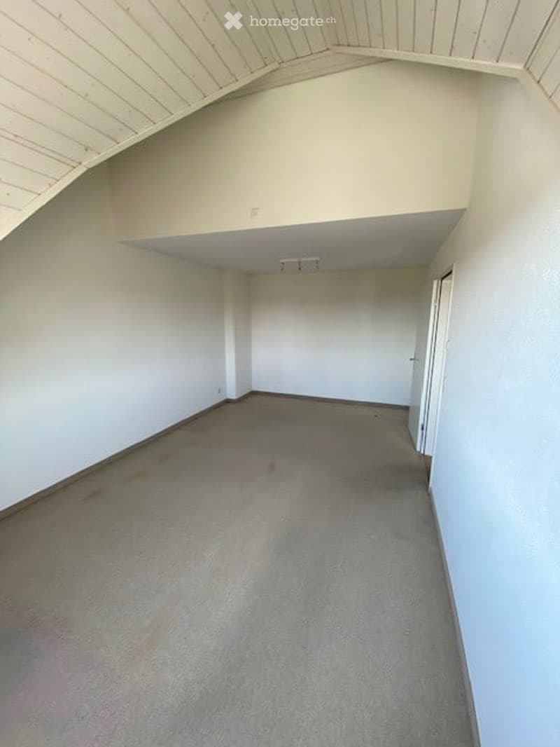 Empty room with white walls, carpeted floor, and a slanted wooden ceiling. No furniture or equipment present.