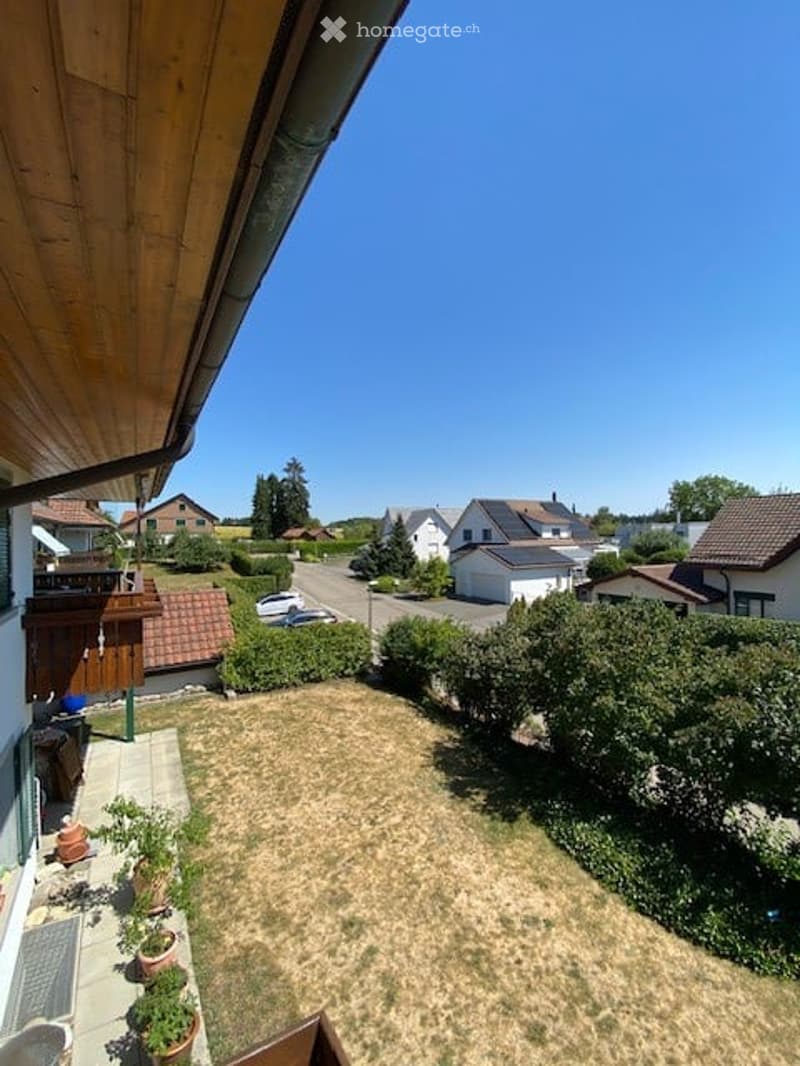 View from a balcony or terrace showing a well-maintained garden area with potted plants, a wooden fence, and neighboring houses in the background under a clear blue sky.