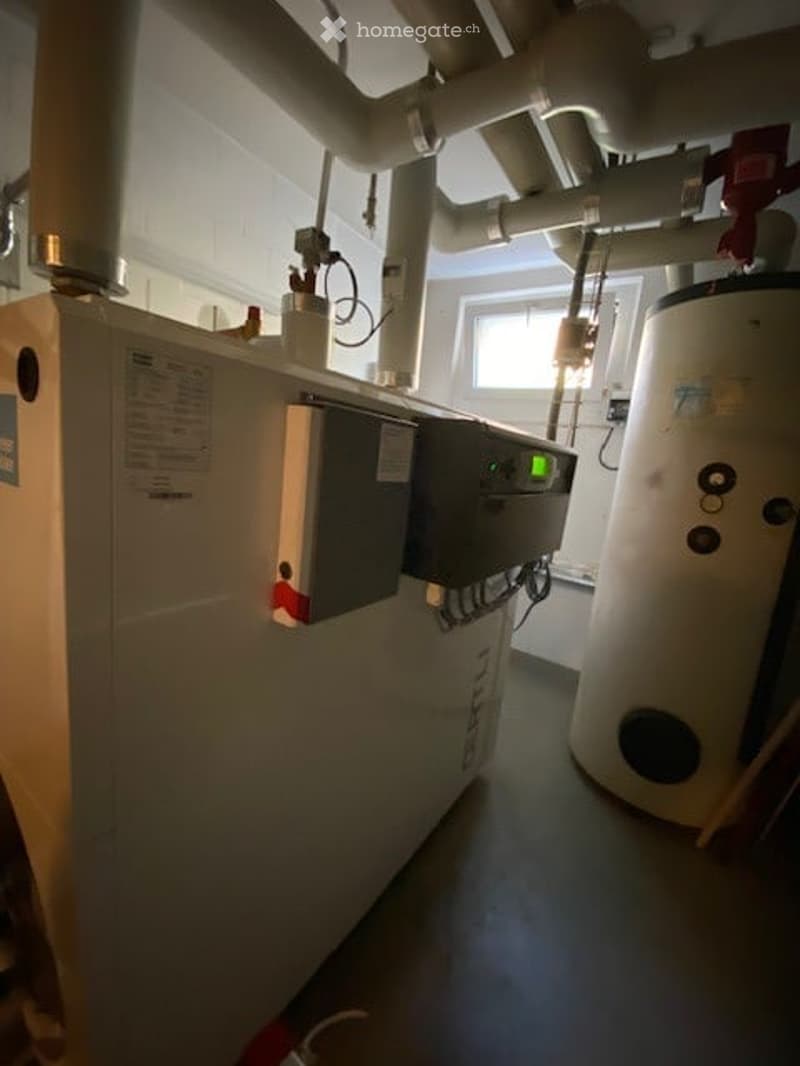 Utility room with a water heater, boiler, and various pipes. The room has a small window allowing natural light to enter.